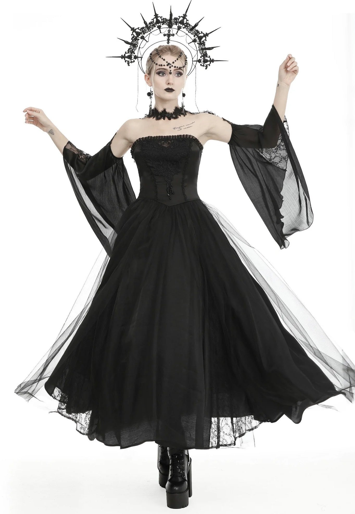 Dark In Love - Gorgeous Beaded Tulle Maxi Gothic Wedding Black - Dress | Women-Image