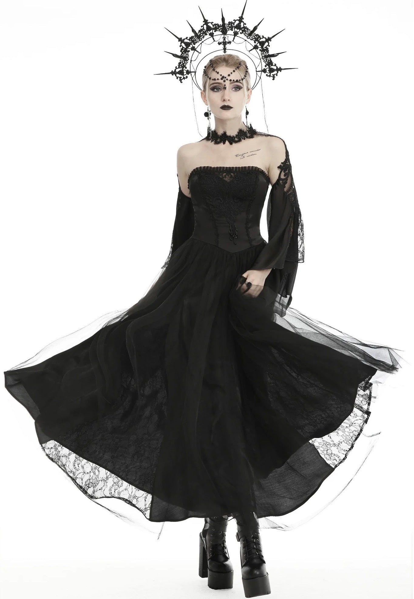 Dark In Love - Gorgeous Beaded Tulle Maxi Gothic Wedding Black - Dress | Women-Image