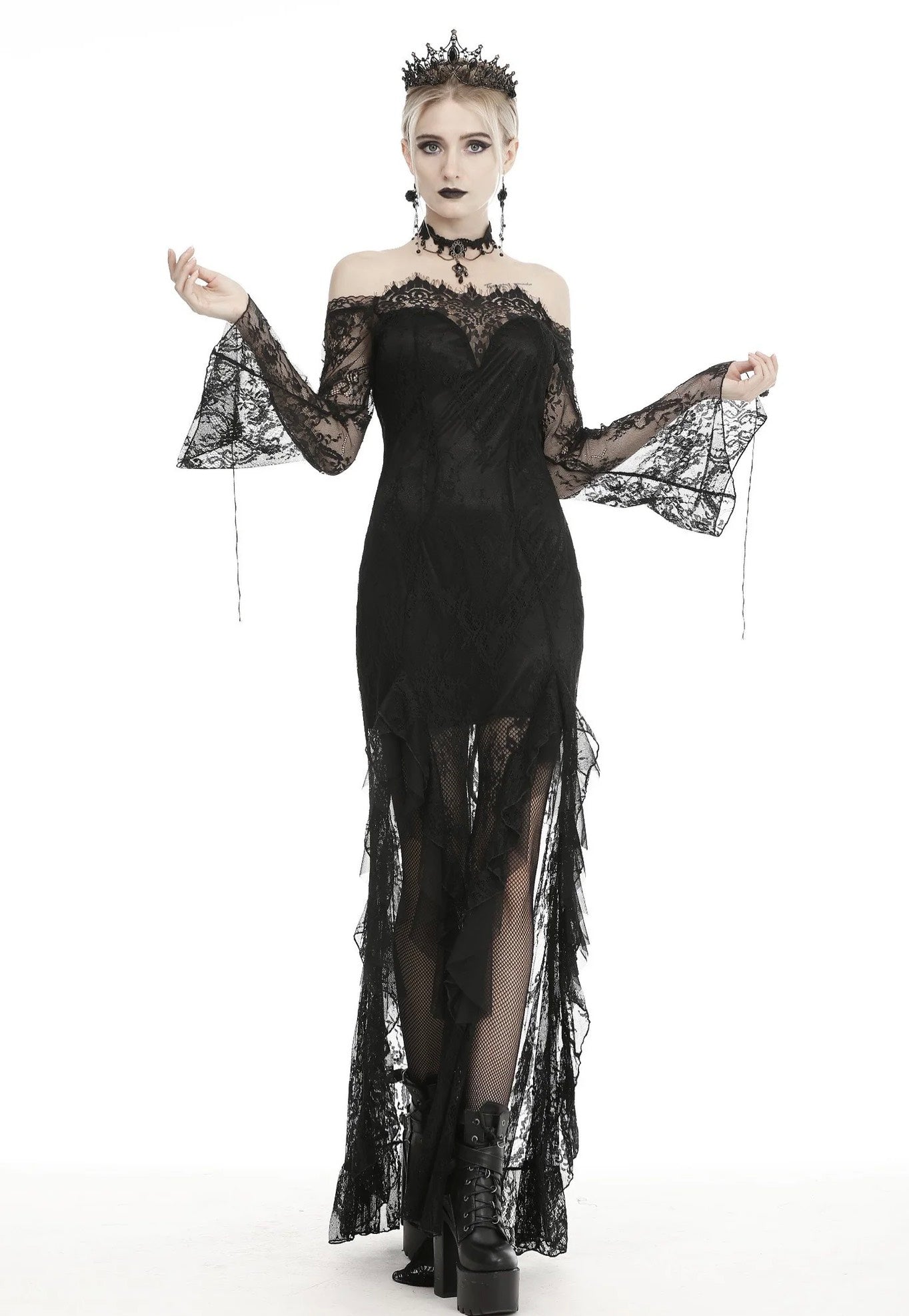 Dark in Love - Gothic Black Lace Frill Swallow Tail Mermaid - Dress | Women-Image