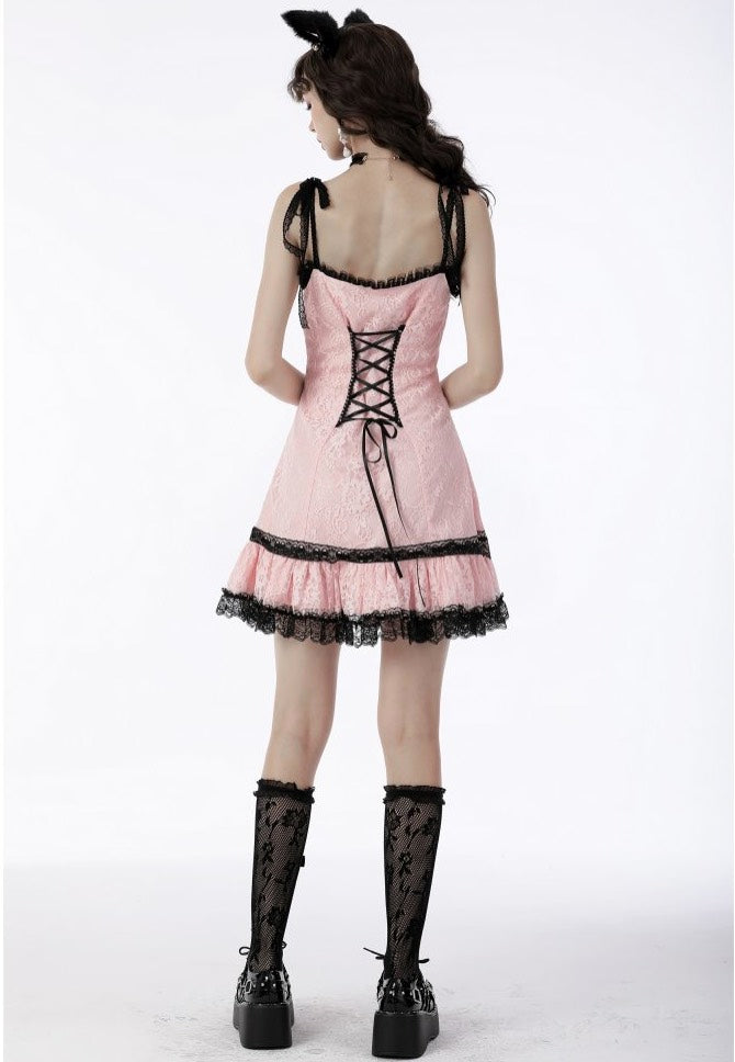 Dark In Love - Sexy Pink Doll Lace Button Up Front Strap Pink - Dress | Women-Image