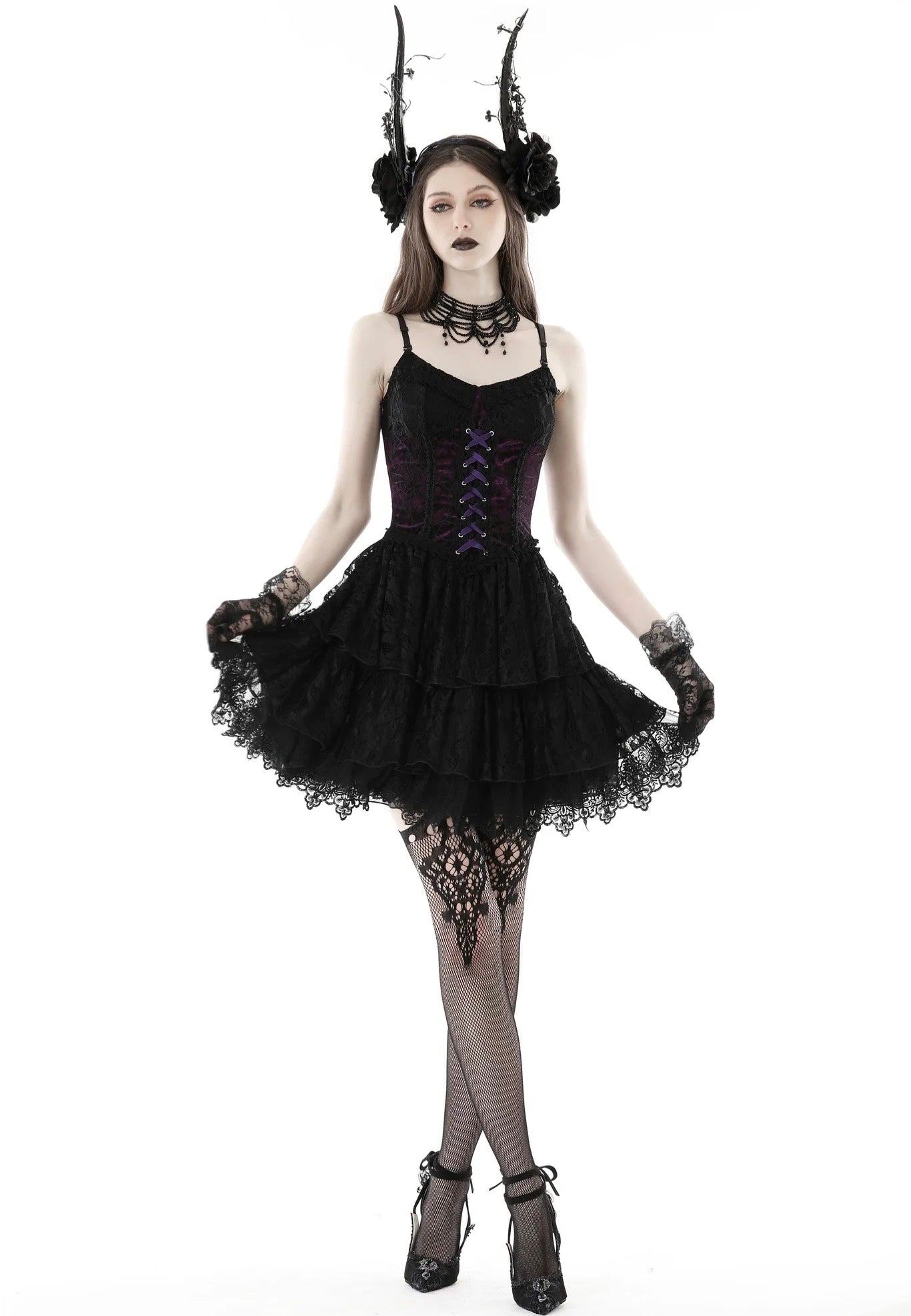 Dark In Love - Gothic Sexy Black Purple Lace Mini Black - Dress | Women-Image