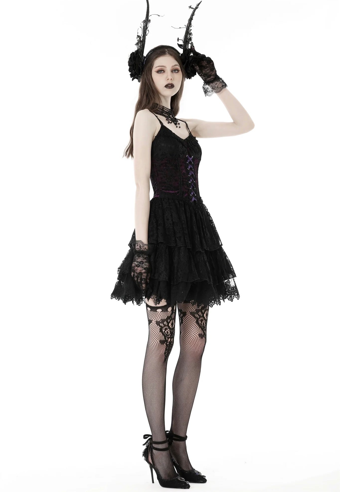 Dark In Love - Gothic Sexy Black Purple Lace Mini Black - Dress | Women-Image