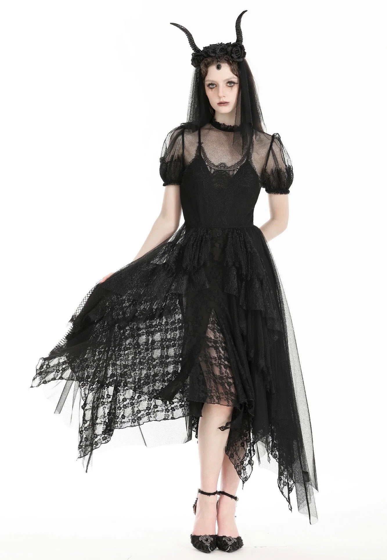 Dark In Love - Gothic Dark Night Elf Winged Mesh Black - Dress | Women-Image