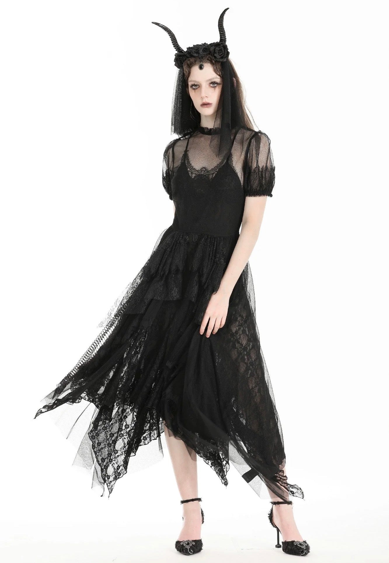 Dark In Love - Gothic Dark Night Elf Winged Mesh Black - Dress | Women-Image