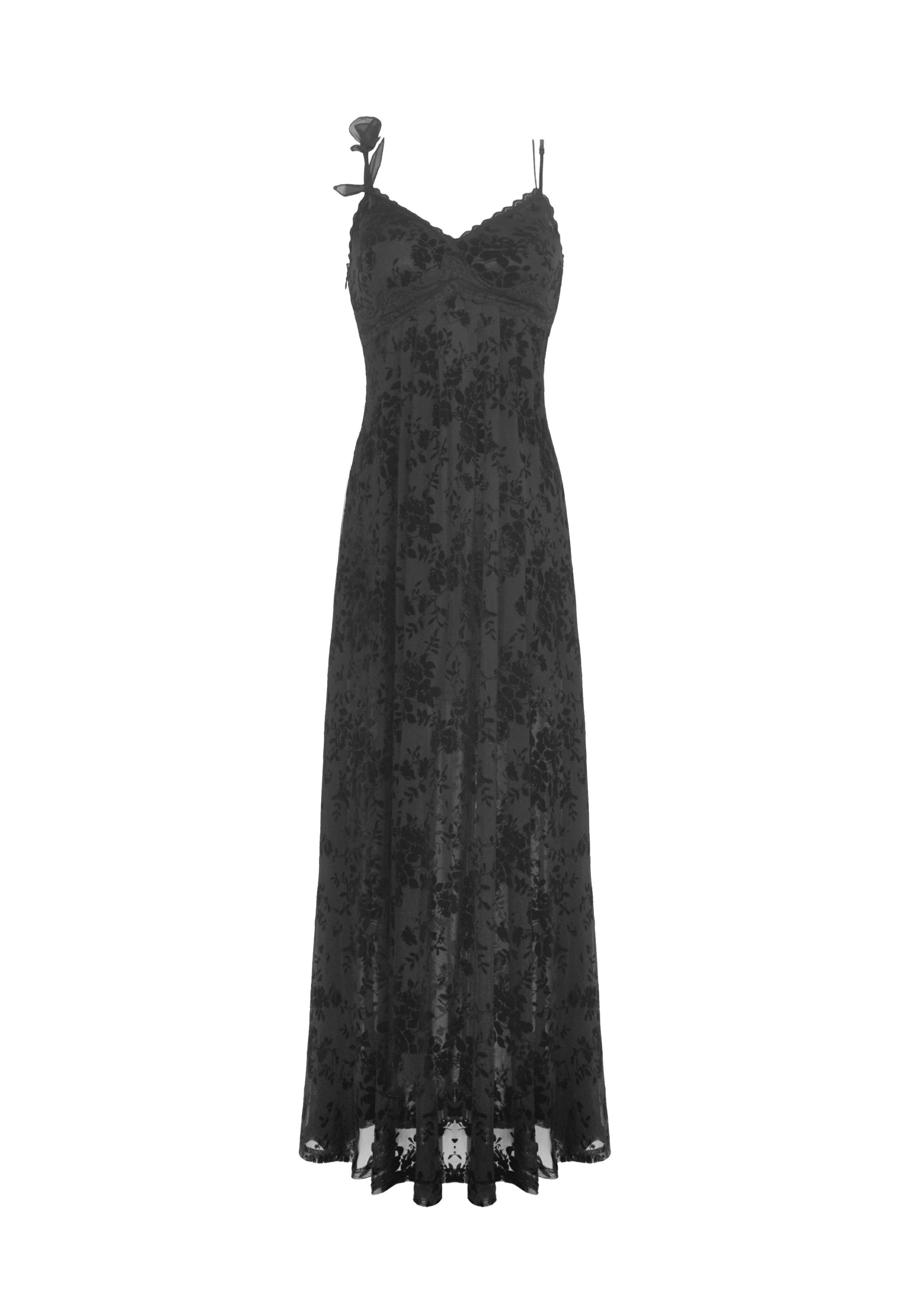 Dark In Love - Gothic Rose Flocking Maxi Strap Black - Dress | Women-Image