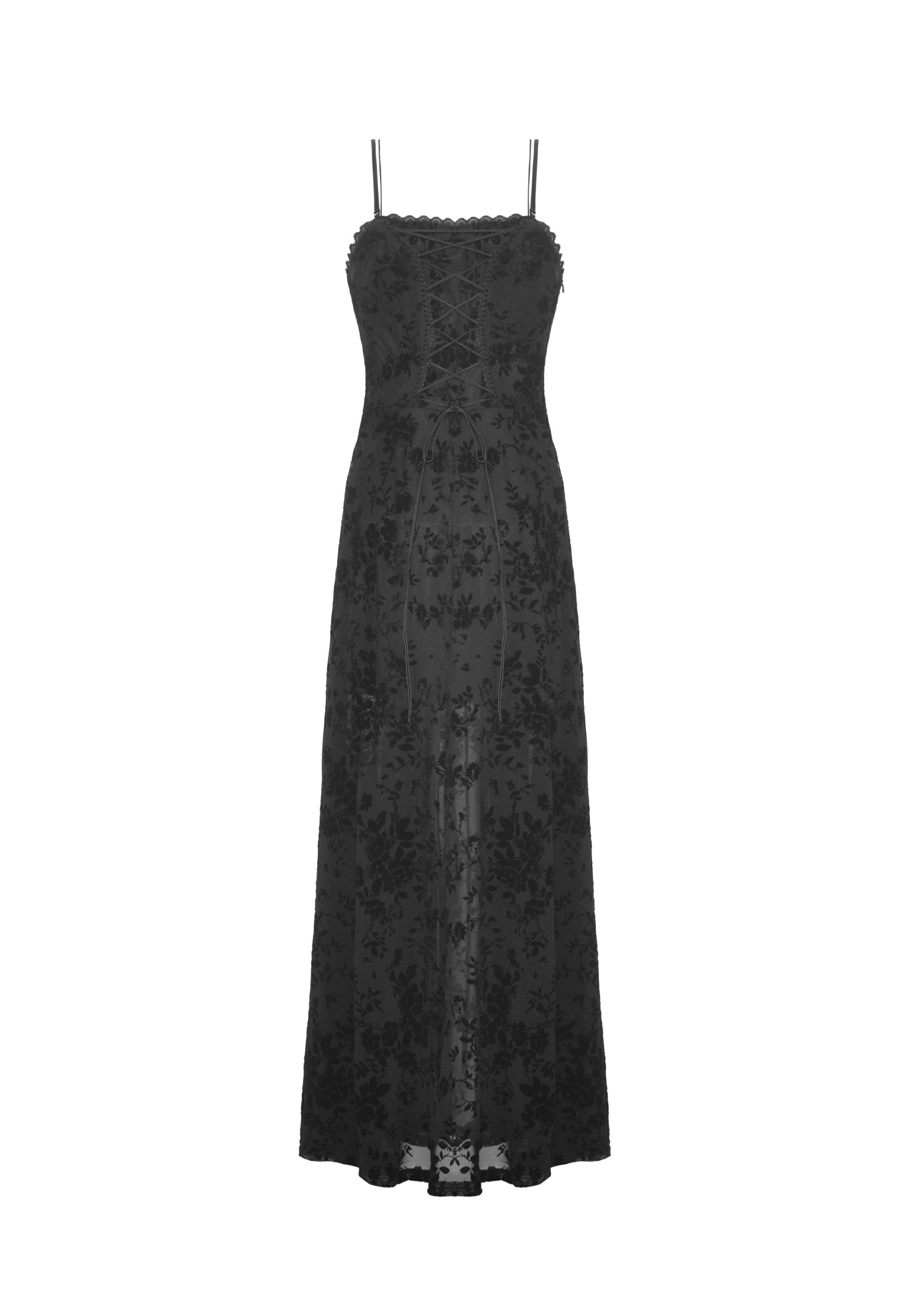 Dark In Love - Gothic Rose Flocking Maxi Strap Black - Dress | Women-Image