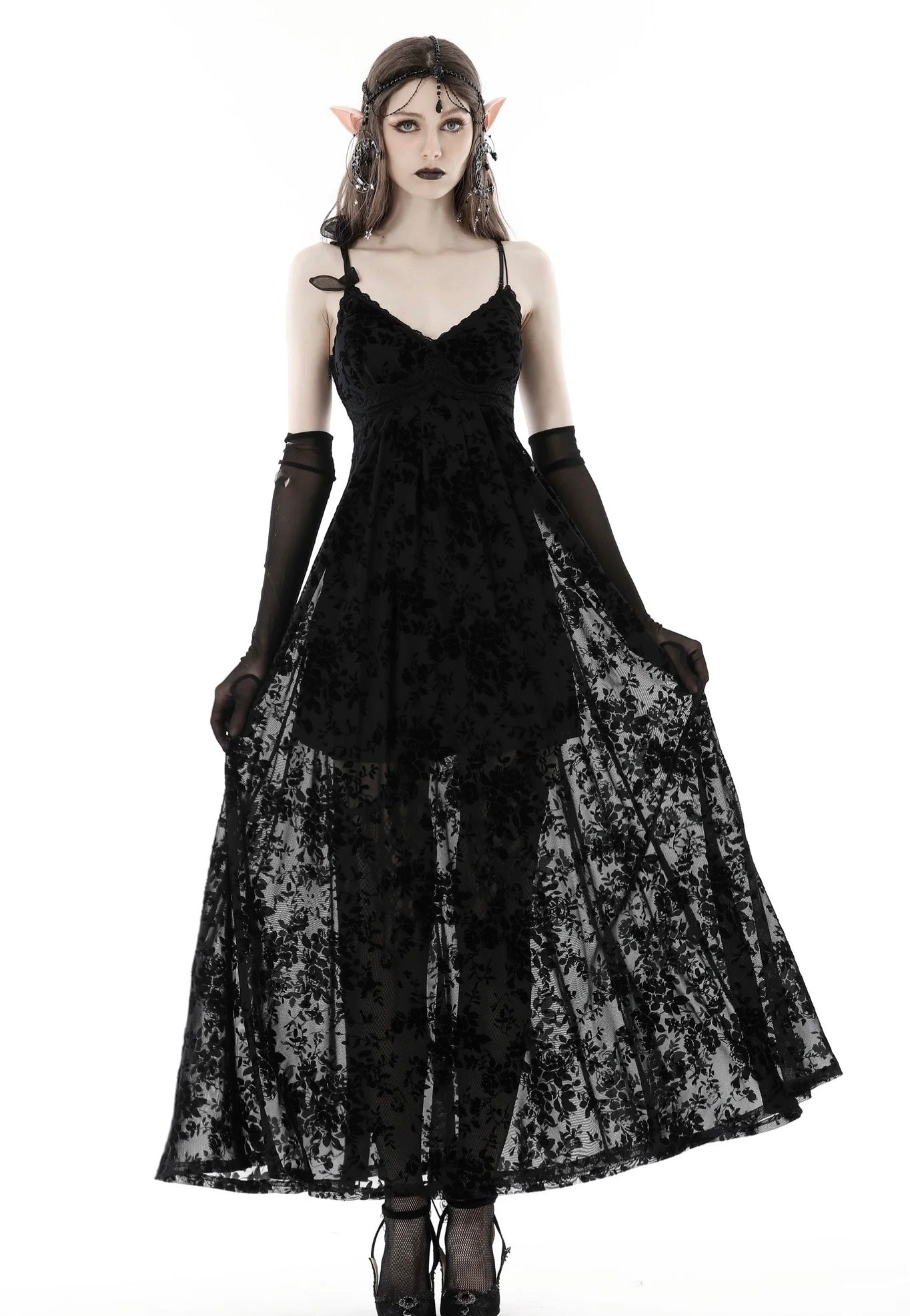 Dark In Love - Gothic Rose Flocking Maxi Strap Black - Dress | Women-Image