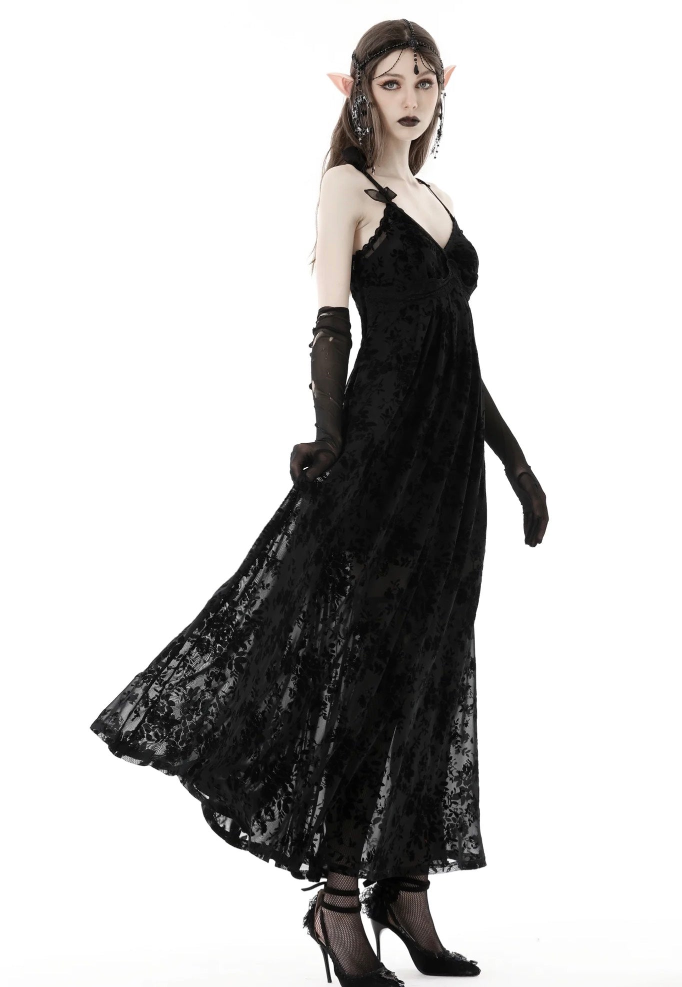 Dark In Love - Gothic Rose Flocking Maxi Strap Black - Dress | Women-Image