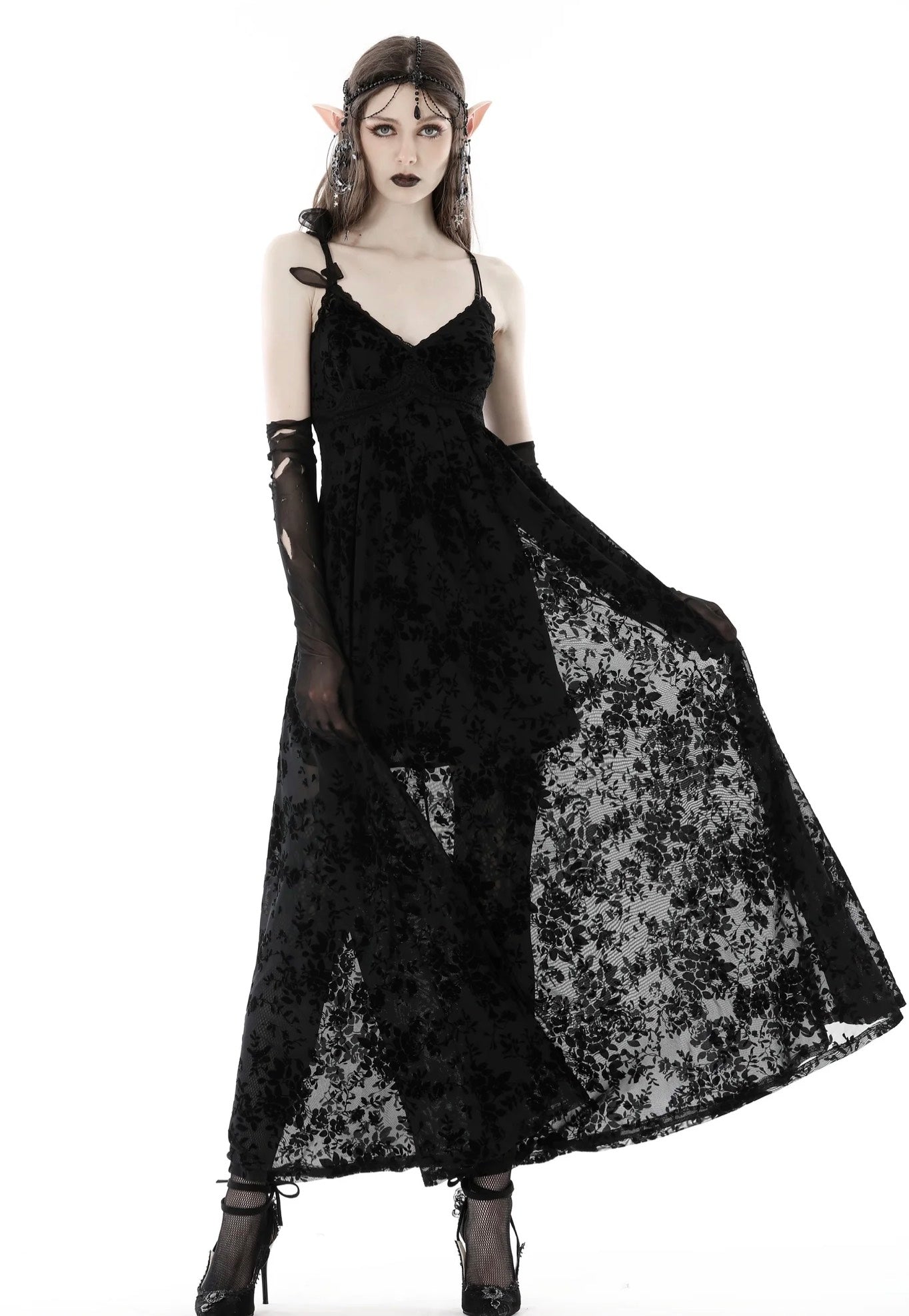 Dark In Love - Gothic Rose Flocking Maxi Strap Black - Dress | Women-Image