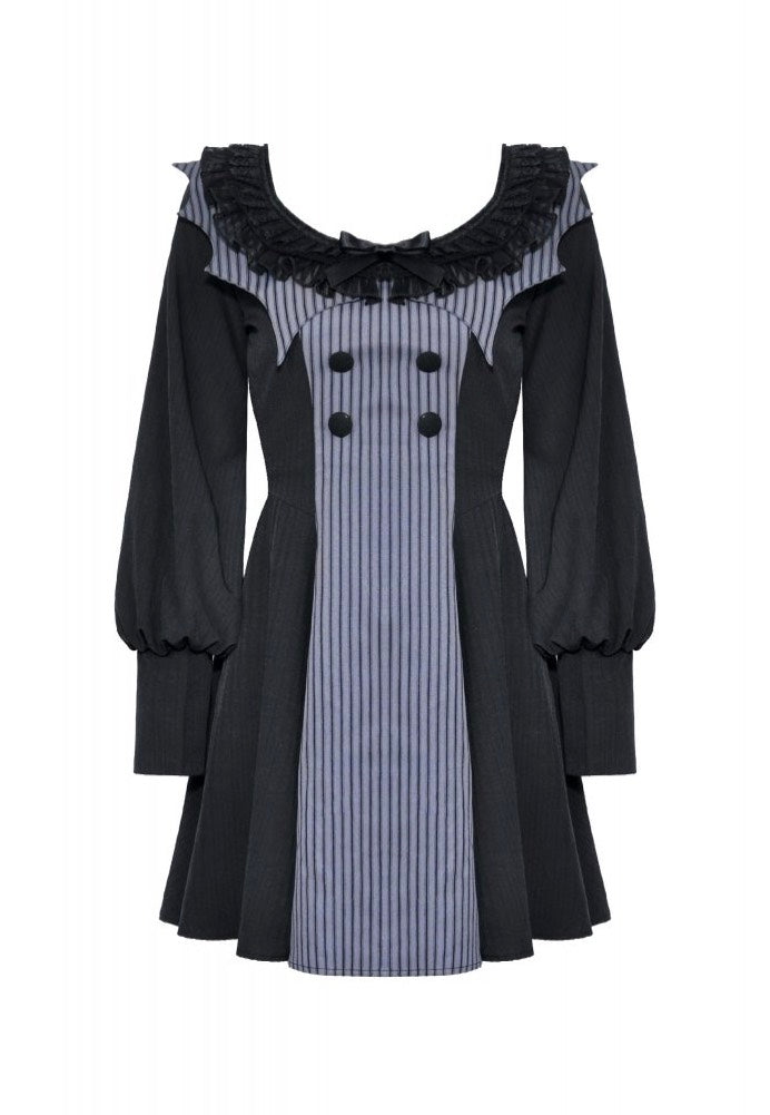 Dark In Love - Gothic Pinstripe Ruffle Neck Academism - Dress | Women-Image