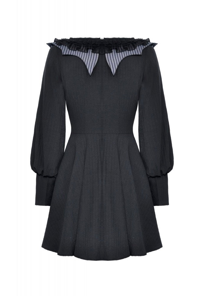 Dark In Love - Gothic Pinstripe Ruffle Neck Academism - Dress | Women-Image