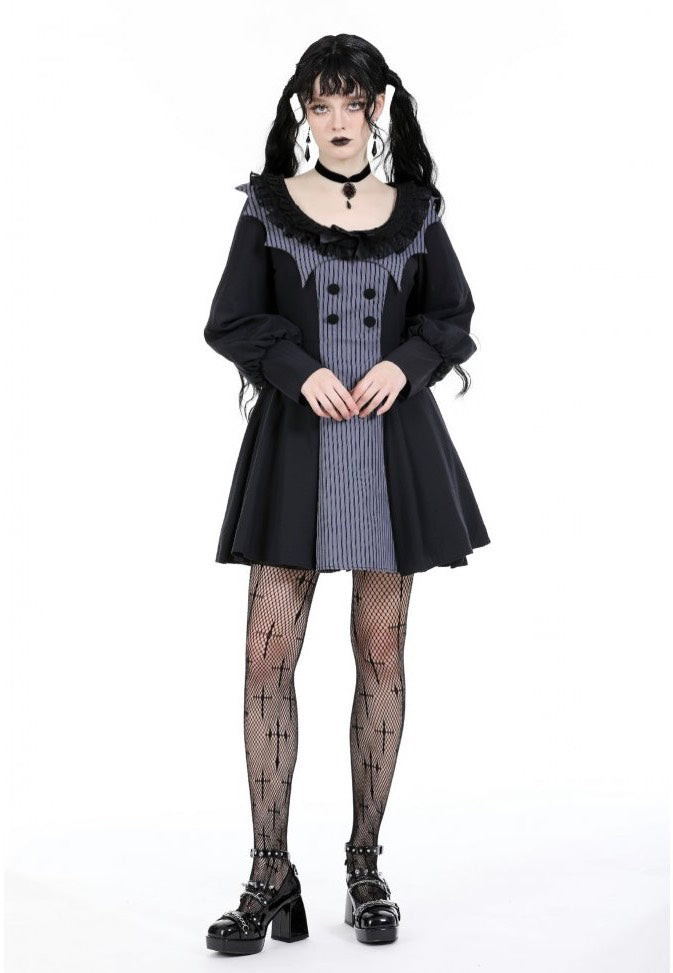 Dark In Love - Gothic Pinstripe Ruffle Neck Academism - Dress | Women-Image