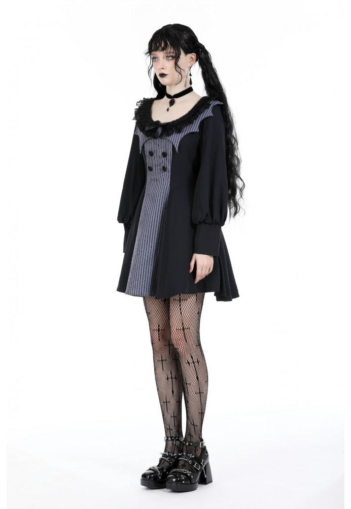 Dark In Love - Gothic Pinstripe Ruffle Neck Academism - Dress | Women-Image