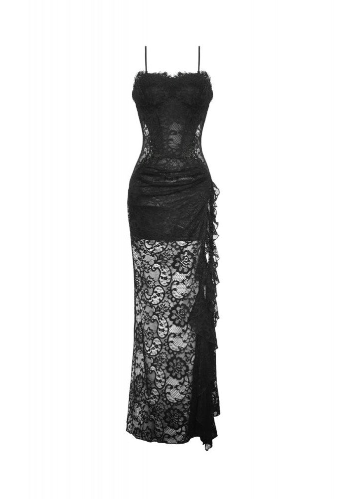 Dark In Love - Gothic Lace See-Through Sexy Waint Lace Maxi Strap - Dress | Women-Image