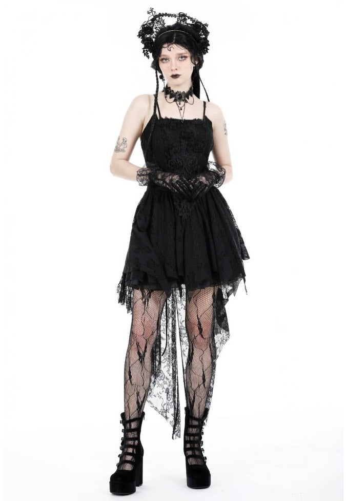 Dark In Love - Gothic Black Rose Bloom Dovetail Lace - Dress | Women-Image