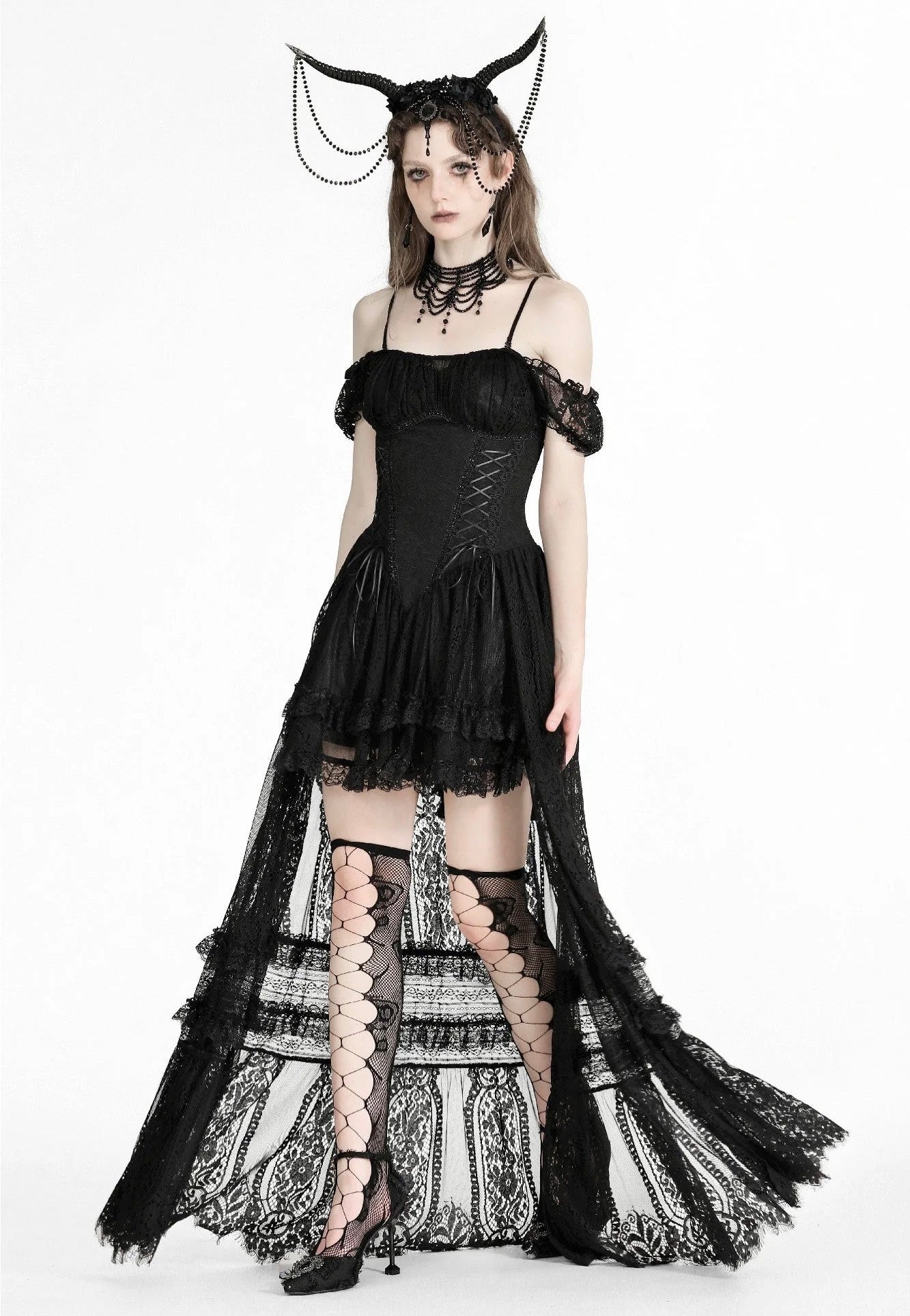 Dark In Love - Gothic Noble Romantic Lace Hi Low Black - Dress | Women-Image