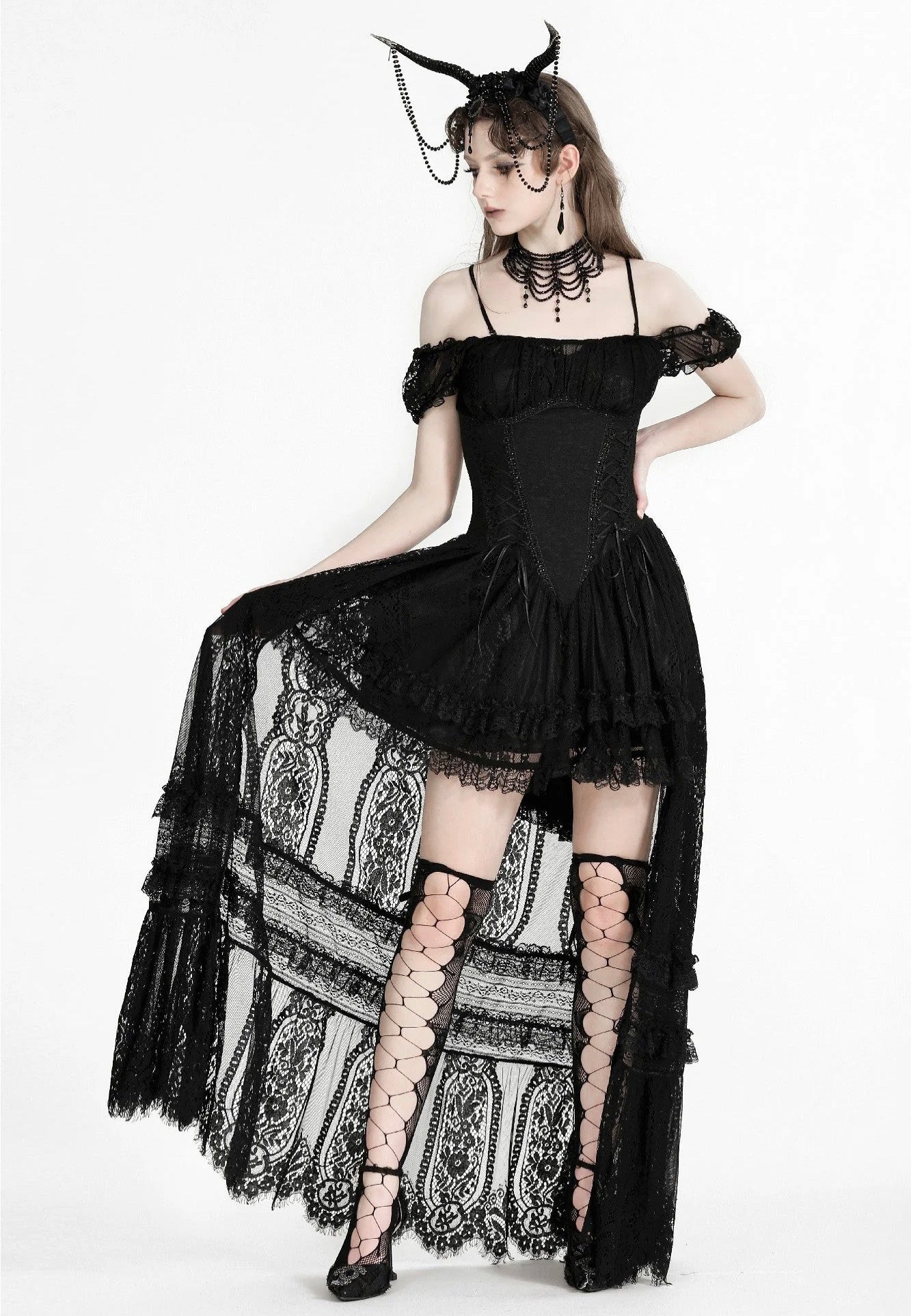 Dark In Love - Gothic Noble Romantic Lace Hi Low Black - Dress | Women-Image