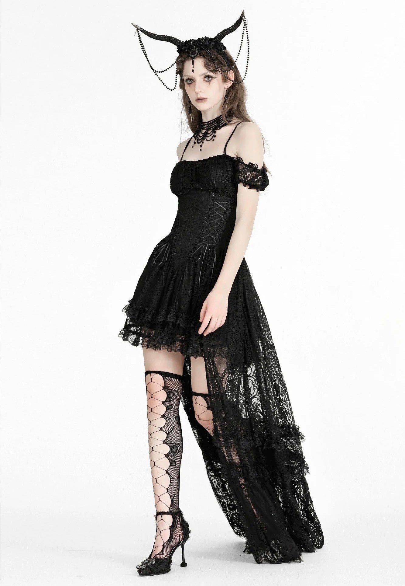 Dark In Love - Gothic Noble Romantic Lace Hi Low Black - Dress | Women-Image