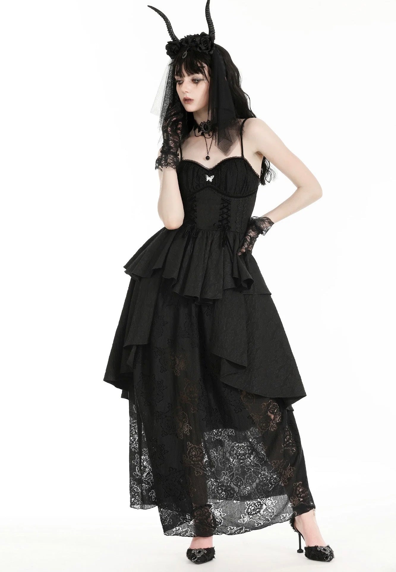 Dark In Love - Gothic Death Butterfly Layered Hi Low Black - Dress | Women-Image