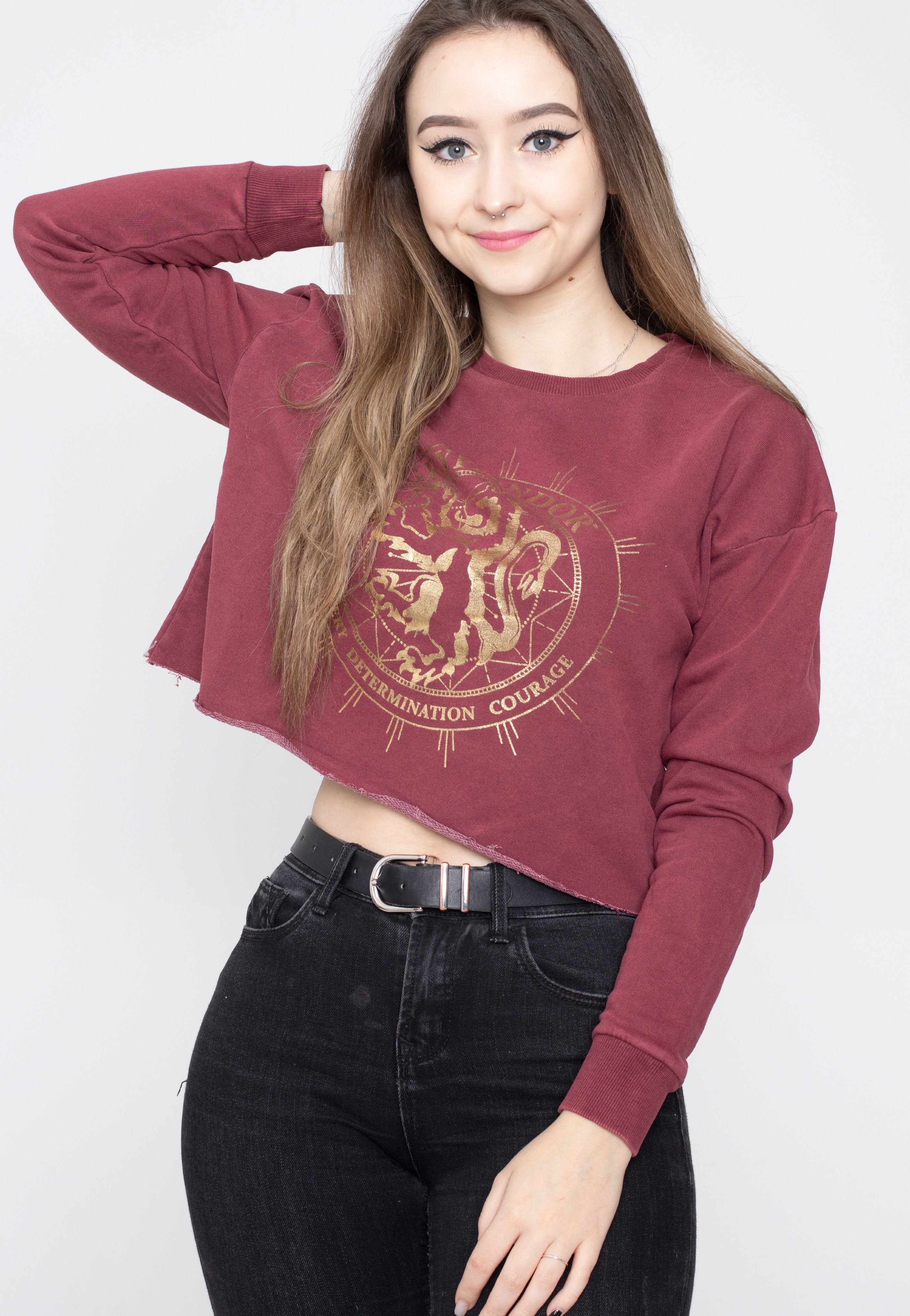 Harry Potter - Gryffindor Cropped Wine Red Acid Wash - Sweater | Women-Image