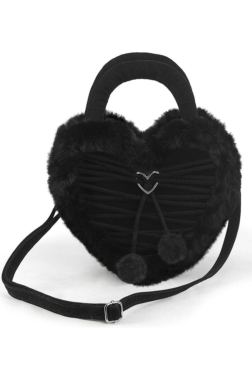 DemoniaCult - Faux Suede And Fur Heart Shaped Black - Bag | Neutral-Image