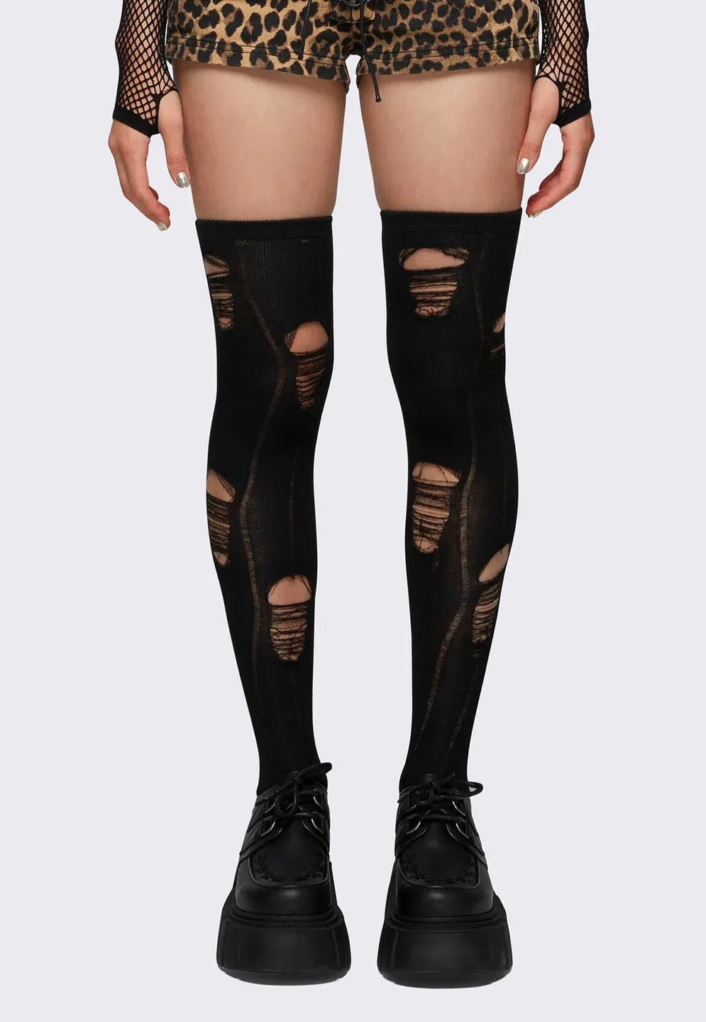 Minga London - Shadow Ripped Thigh Highs - Socks | Neutral-Image