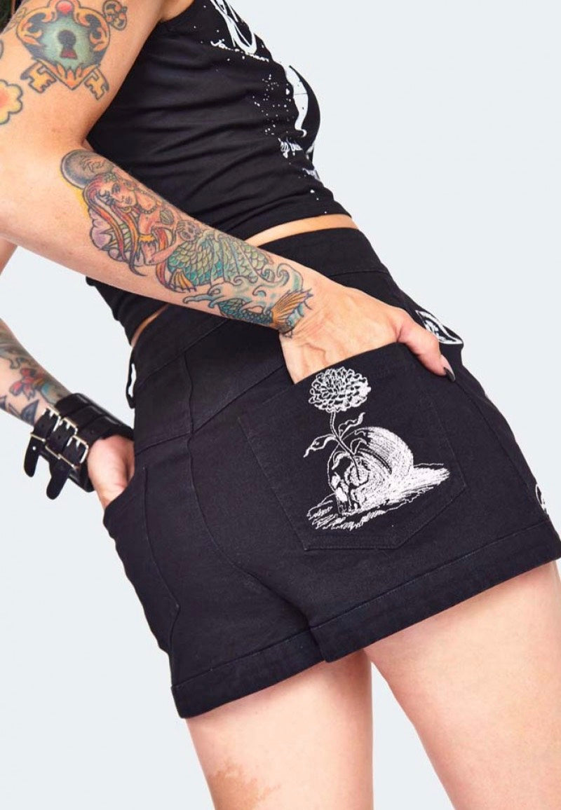 Jawbreaker - Snake Embroidered Denim Black - Shorts | Women-Image