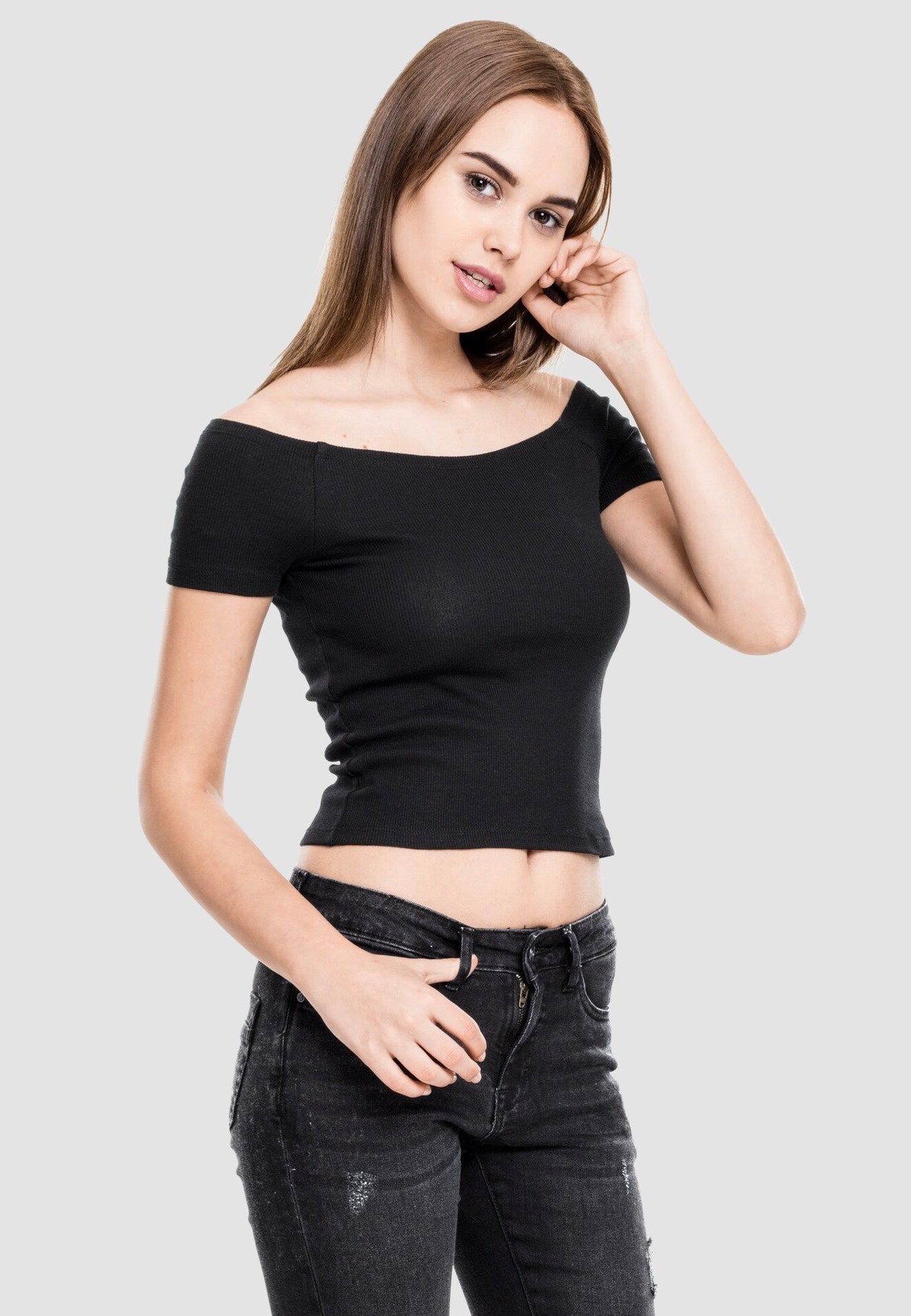 Urban Classics - Ladies Off Shoulder Rib Black - T-Shirt | Women-Image