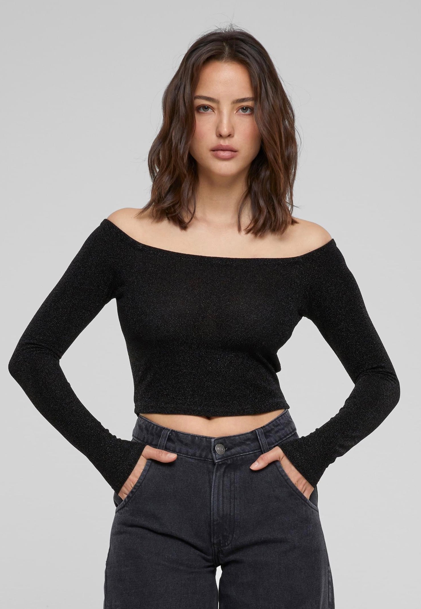 Urban Classics - Ladies Off Shoulder Glitter Black - Longsleeve | Women-Image