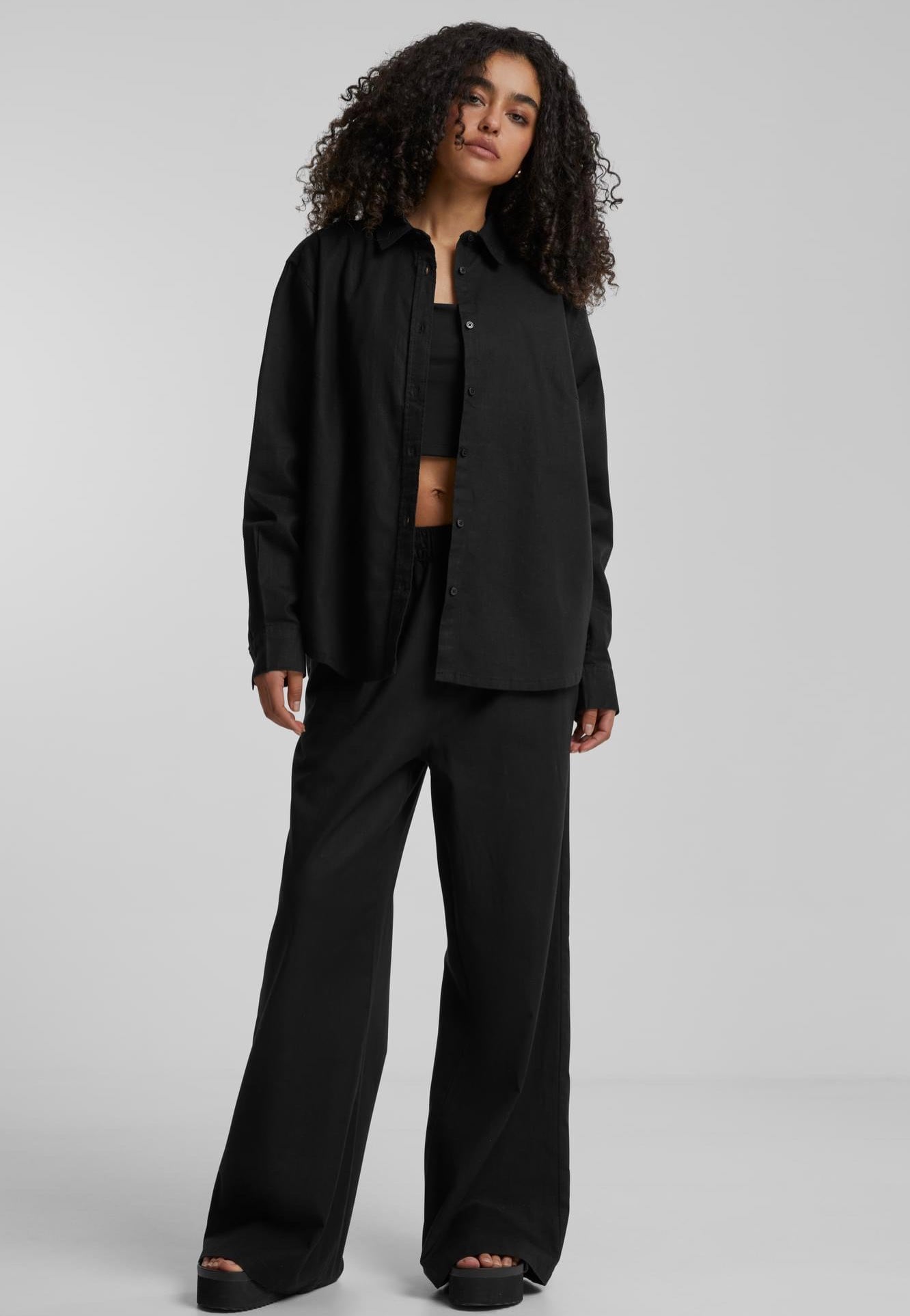 Urban Classics - Ladies Linen Mixed Oversized Black - Shirt | Women-Image