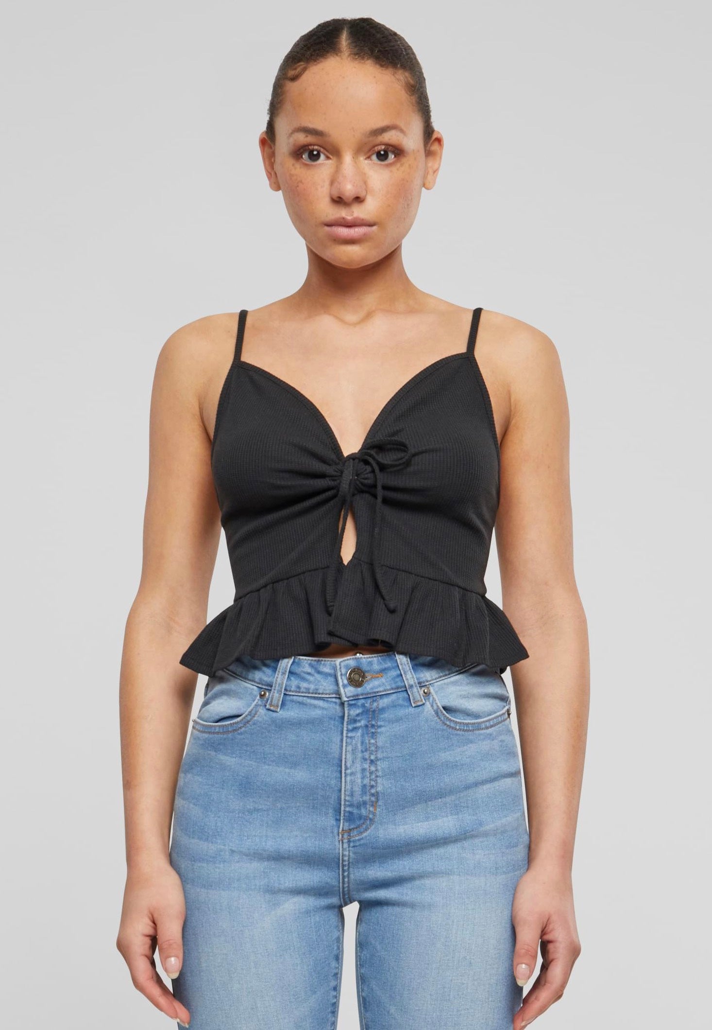 Urban Classics - Ladies Waffle Pique Ruffle Black - Top | Women-Image