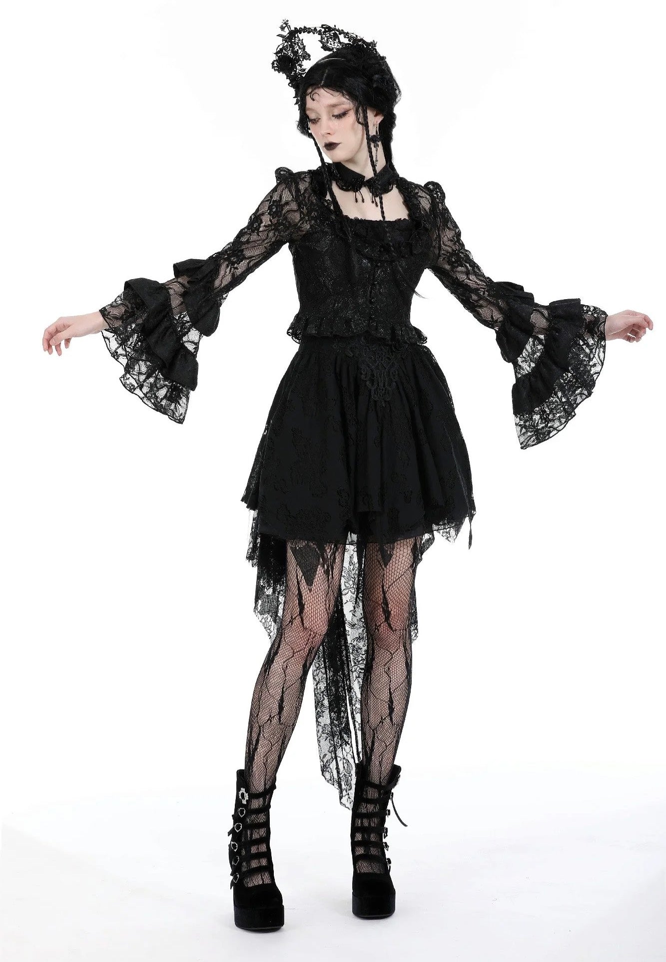 Dark In Love - Gothic Sexy Lace Petal Sleeve Black - Top | Women-Image