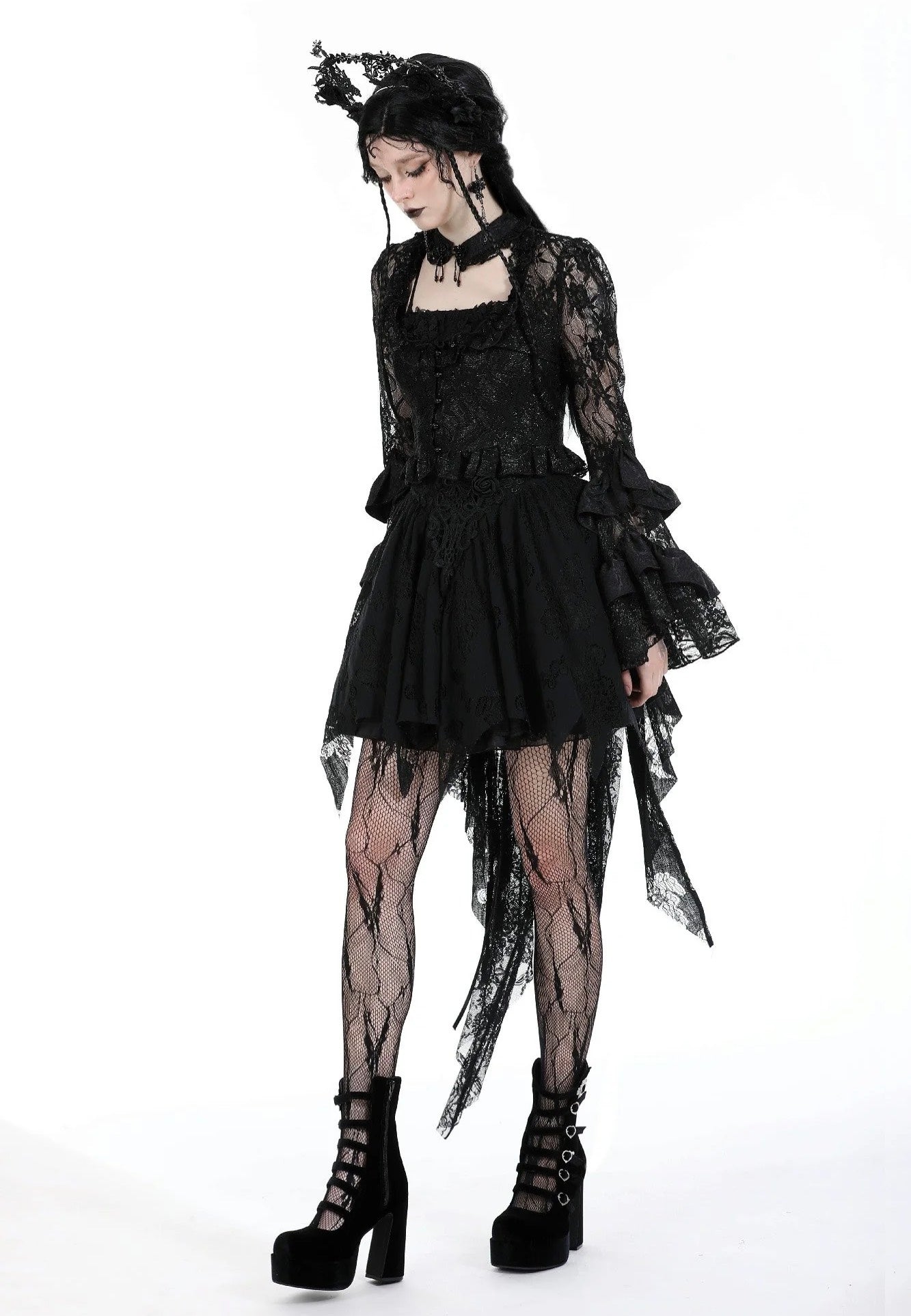 Dark In Love - Gothic Sexy Lace Petal Sleeve Black - Top | Women-Image