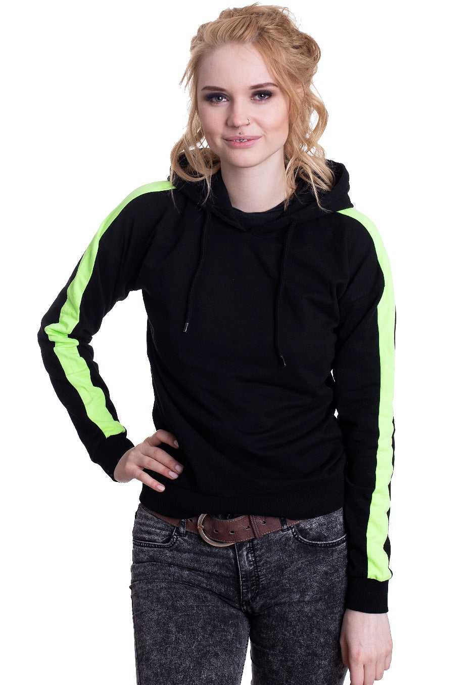 Urban Classics - Ladies Neon Shoulder Stripe Black/Electriclime - Hoodie